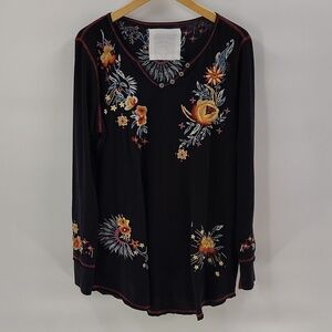 Karyn Seo Top Womens Size Large Black Embroidered V Neck Knit Cotton Stretch